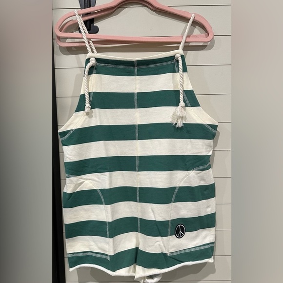 NWT The Greii, boutique brand. Green & white shorts romper. Striped terry romper - Picture 1 of 6